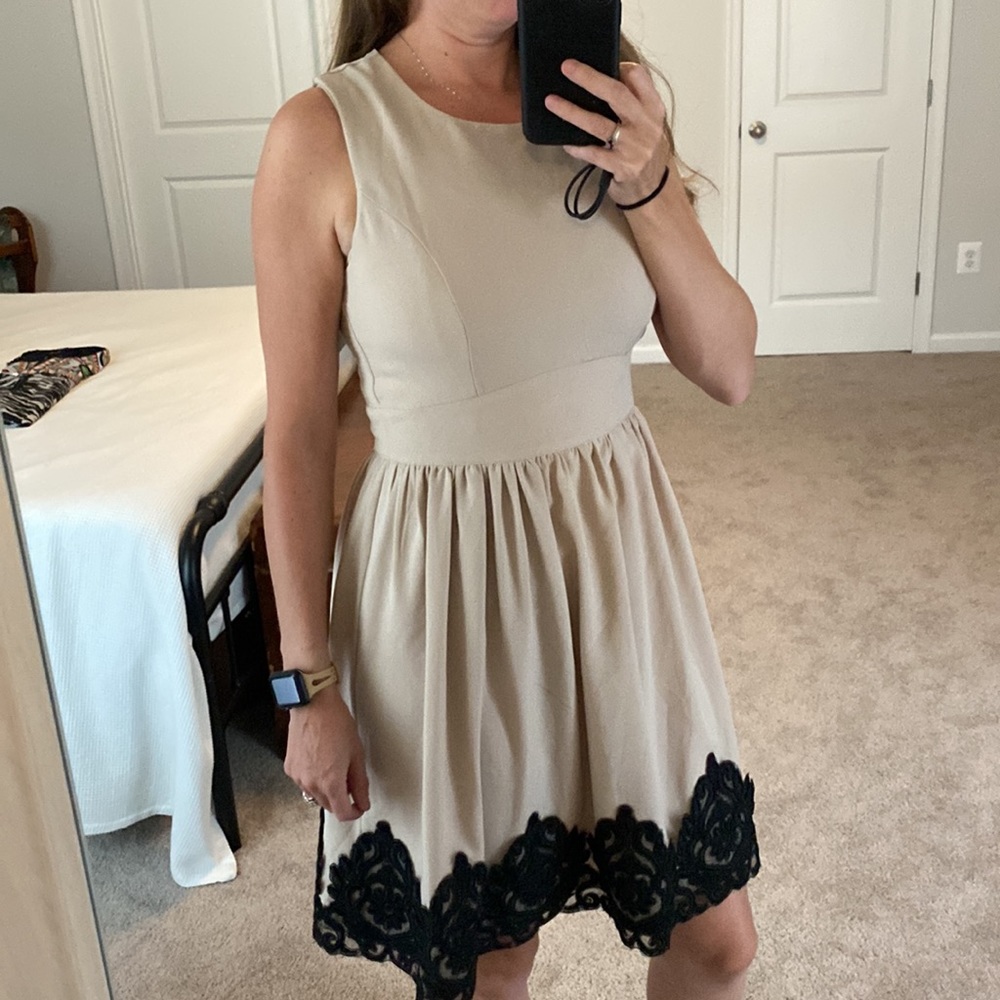 Altar’d State Beige Fit and Flare Dress with Black Lace Appliqué